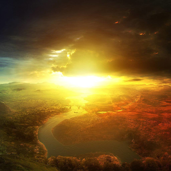 Nature trees sky fire river dual screen skeleton lakes good vs. evil wallpaper