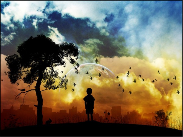 Child standing near tree