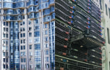 Split Screen Image of large apartment building on left, computer server on right.