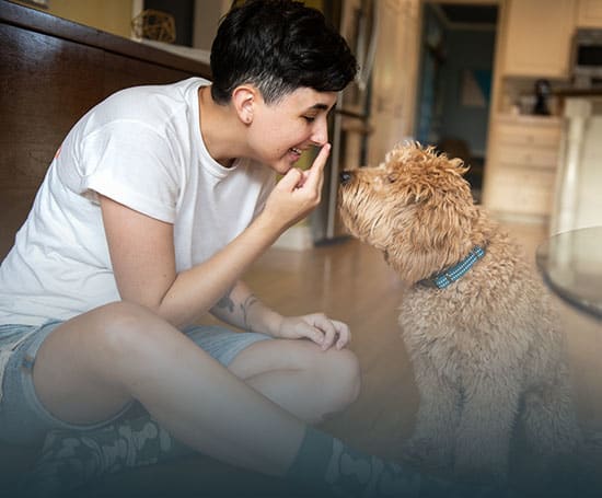 Healthy teenager at home with dog.