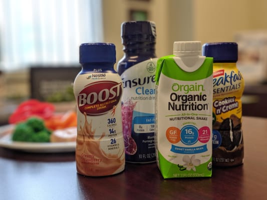 Boost, Ensure, Orgain, and Carnation Breakfast Essentials for cancer patients.