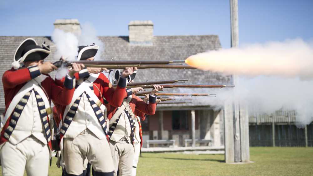 Demonstrations, such as musket firings, happen daily at Colonial Michilimackinac. Demonstrations, such as musket firings, happen daily at Colonial Michilimackinac.