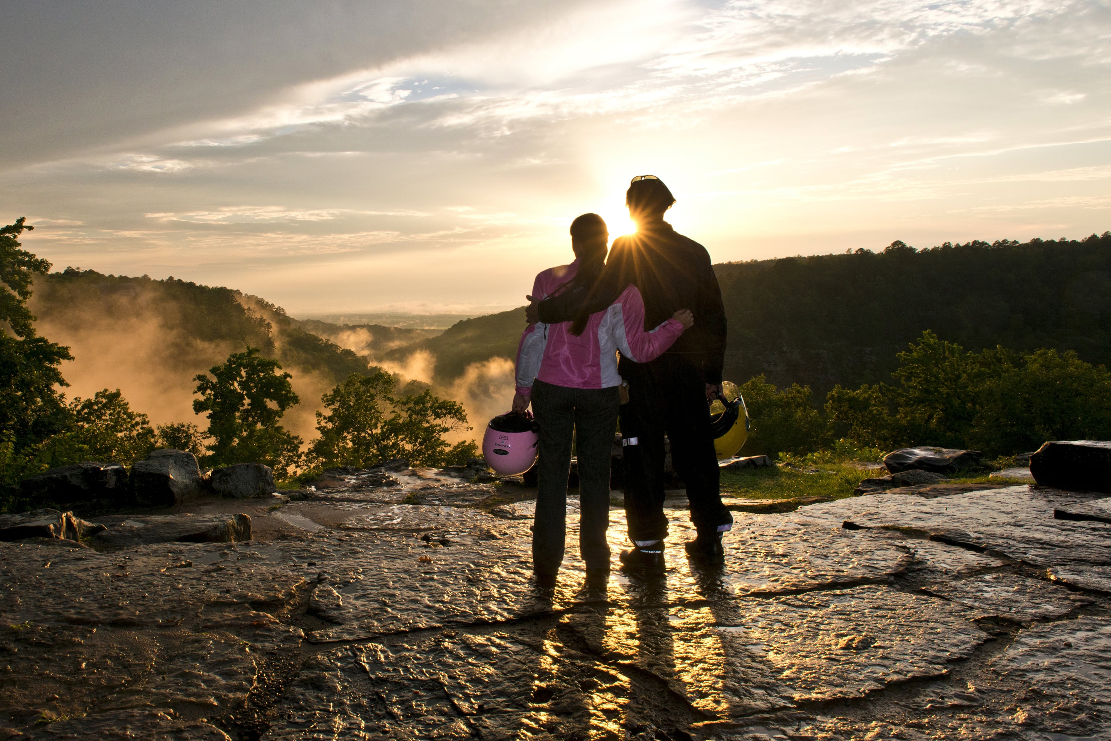 A beautiful sunset on a motorcycle tour along the Petit Jean Mountain Climb