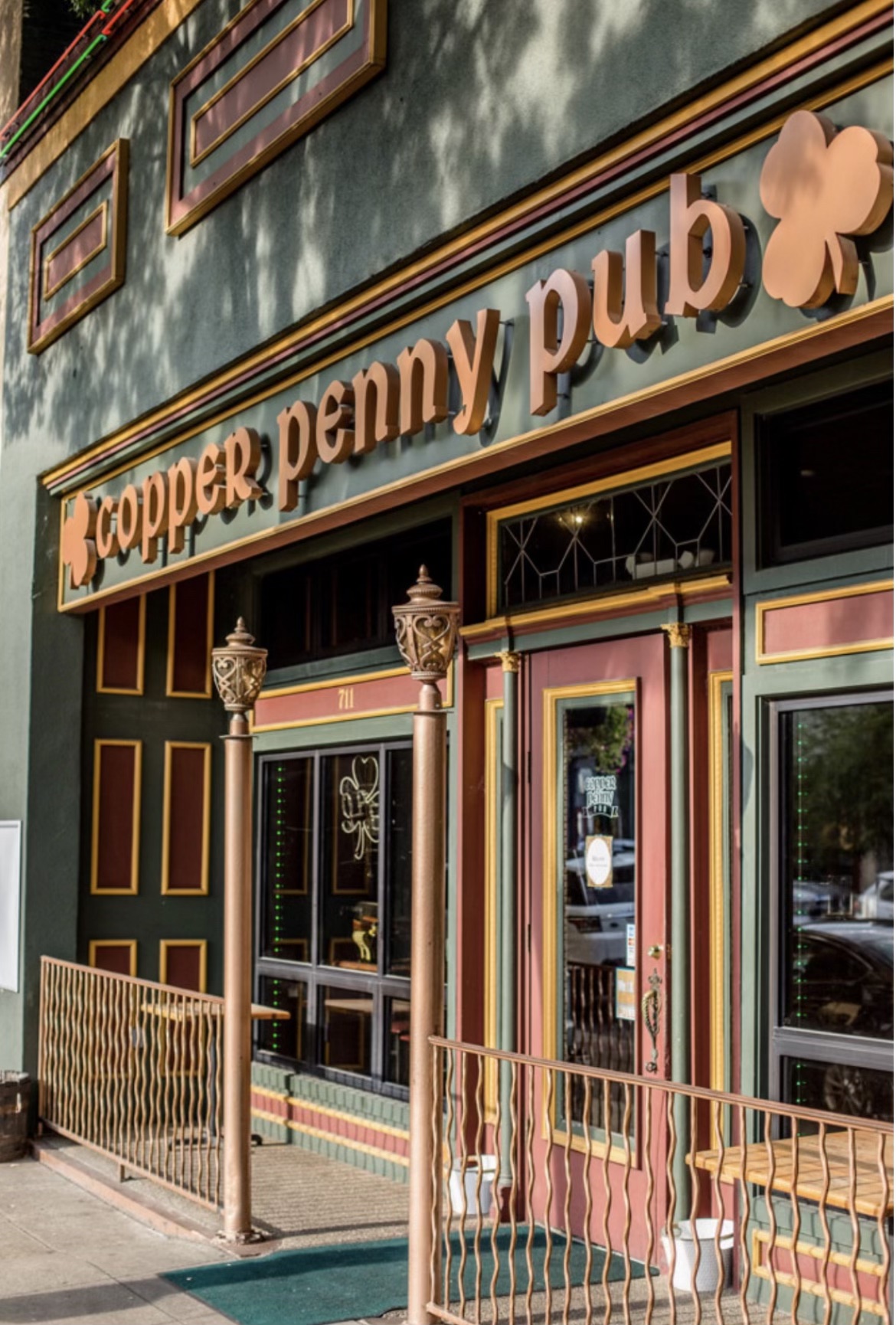 Green and red Irish style pub entrance.