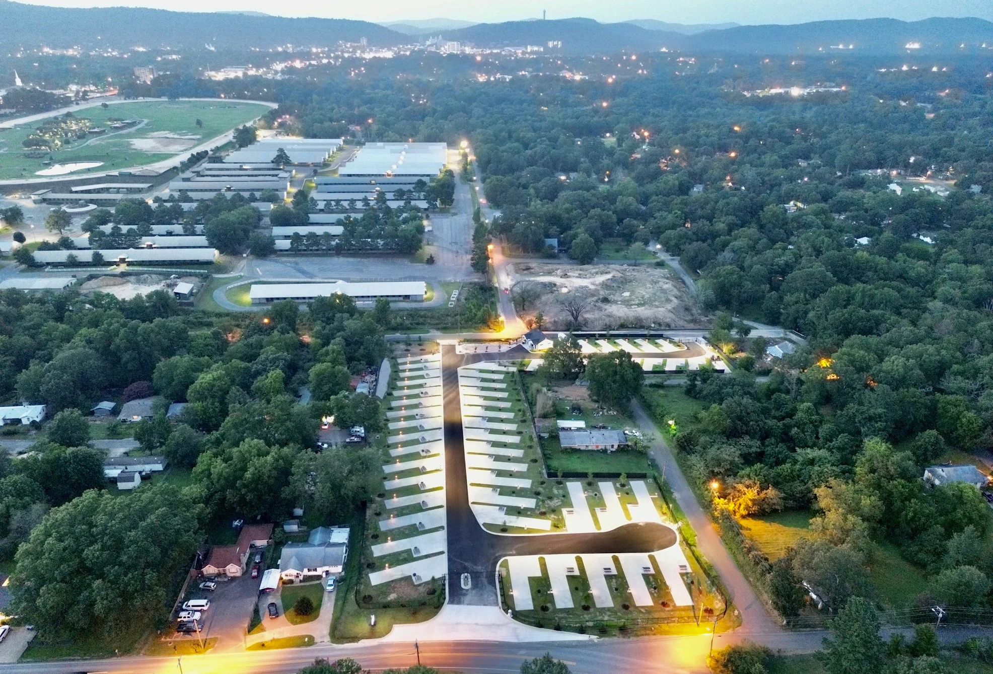 Aerial drone photo of new Finish Line RV Park in Hot Springs, Arkansas near Oaklawn Racing and Casino, Hot Springs National Park, Country Club, and Lake Hamilton.
