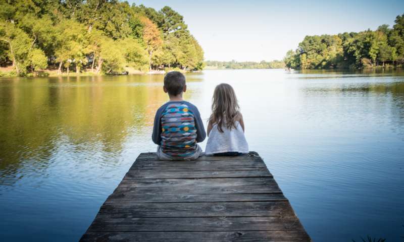 Make lifetime memories at Lake Charles State Park (two kids sitting on pier at lake)