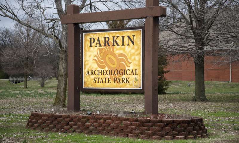 Parkin Archeological State Park sign at entrance of park