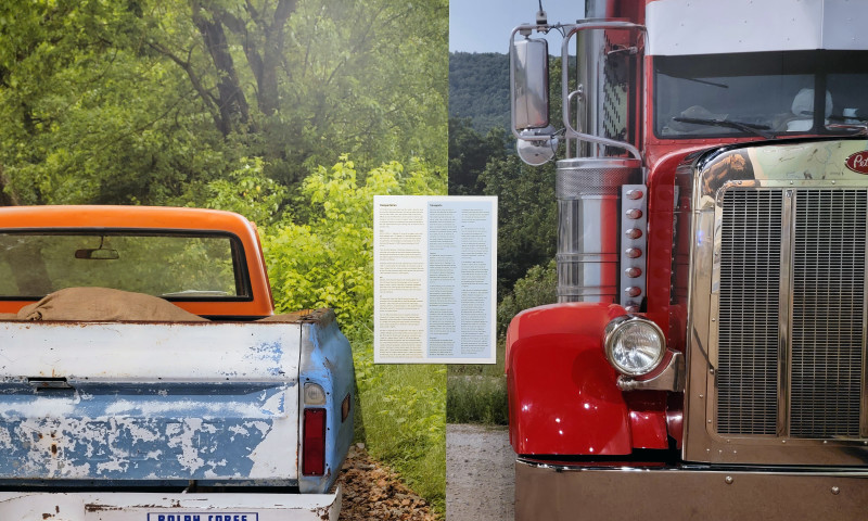 An pickup truck with an orange cab, a white and blue tailgate and a bumper sticker that says "Ralph Care" on the left. A red tractor-trailer on the right.
