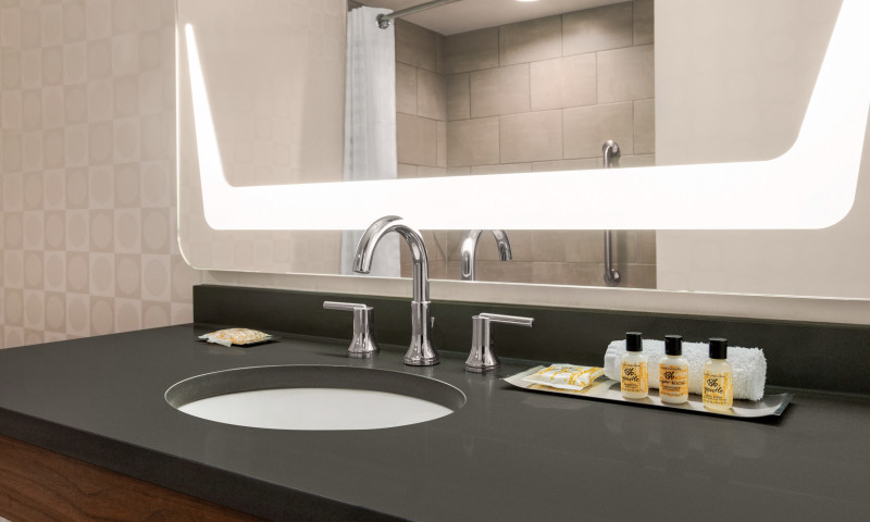 bathroom vanity with amenities
