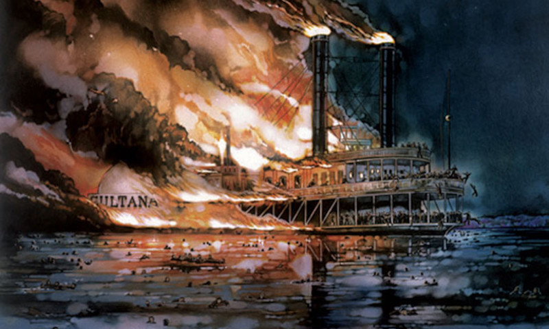 A mural depicts the Sultana erupting in flame against the night sky. People and wreckage fill the water. The silhouettes of desperate passengers leap from the ship into the water. Flames pour from the smokestacks. 
