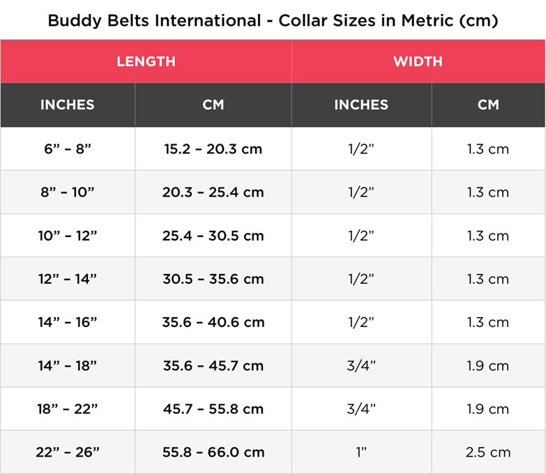 Buddy Belt Harness Size Chart