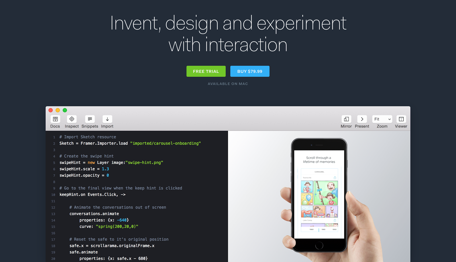 Framer is a new creative tool to build interaction and animation prototypes.