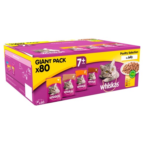 WHISKAS Bulk Saver Packs Wet Cat Food Senior 7+ Poultry Selection in Jelly 100g x 80