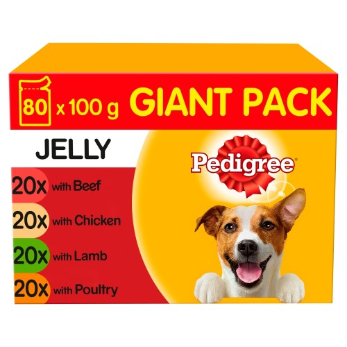 Pedigree Mixed Selection in Jelly Wet Adult 1+ Dog Food Pouches 100g x 80