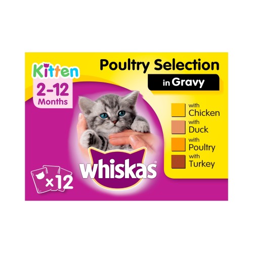 Whiskas 2-12 Months Poultry Selection in Gravy Kitten Food 100g x 12