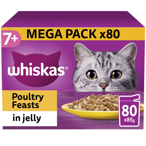 WHISKAS Bulk Saver Packs Wet Cat Food Senior 7+ Poultry Feasts in Jelly 85g x 80