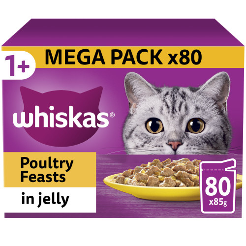 Whiskas 1+ Poultry Feasts in Jelly Wet Adult Cat Food 85g x 80 SAVER PACK