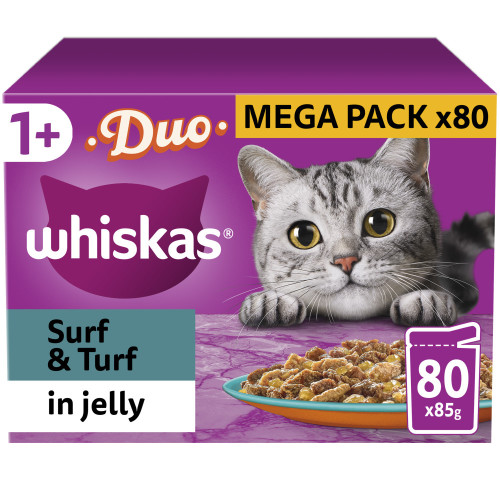 Whiskas 1+ Duo Surf & Turf in Jelly Wet Adult Cat Food 85g x 80 SAVER PACK