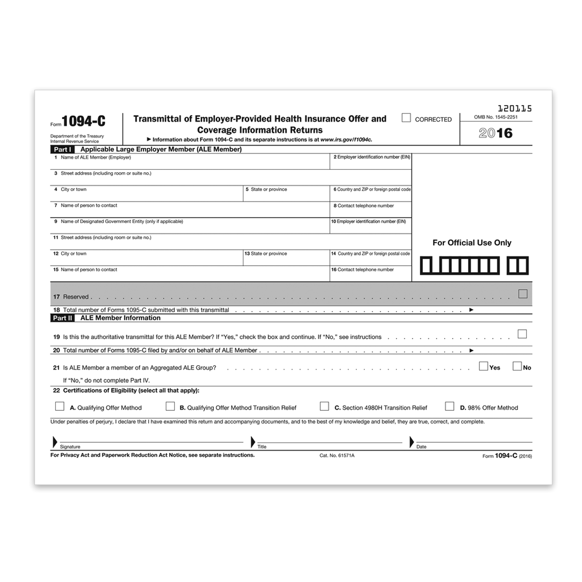 Form 1094 C Transmittal Of Employer Health 1094CT Mines Press