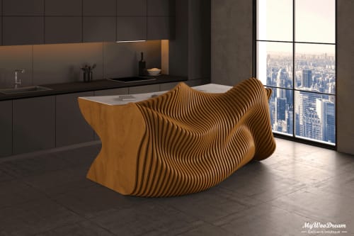 Ilot de cuisine design | ilot cuisine paramétrique | meuble cuisine / Ilot de cuisine lamelles en bois