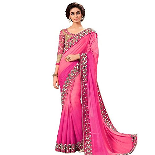 Shiroya Brothers Women's Pink Georgette Partywear Saree With embroidered Blouse Piece Price in India