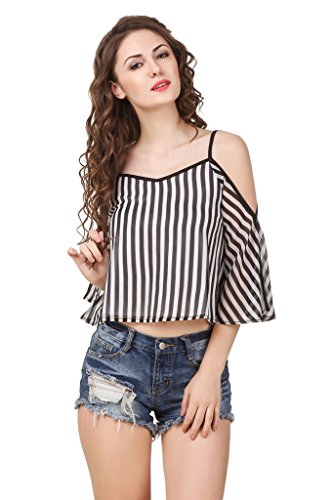 Texco women's black & white stripe cold shoulder stylish trendy top Price in India