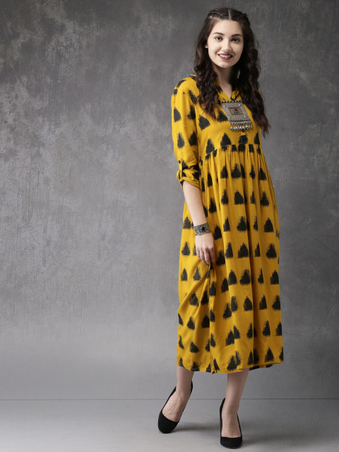 Anouk Women Mustard Yellow & Black Printed A-line Fusion Kurta Price in India