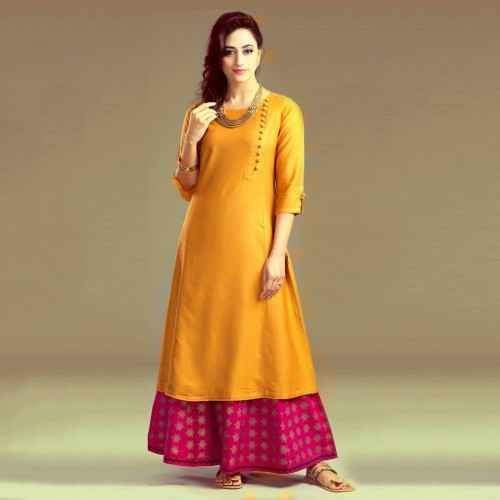 Angels Fashion Rayon Yellow Stitched Plain Long Kurti with Bottom Price in India