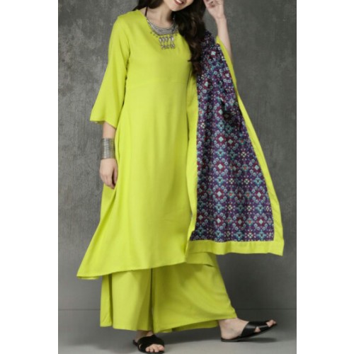 Angels Fashion Rayon Green Stitched Plain Kurti With Palazzo Price in India