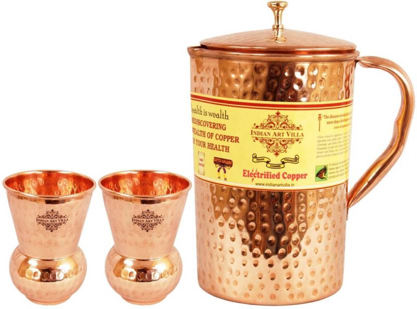 IndianArtVilla Copper Hammered Set of 1 Jug Pitcher 2100 ML with 2 Mathat Glass 375 ML each - Storage Drinking Water Home Hotel Restaurant Jug Glass Set  (Copper) Price in India