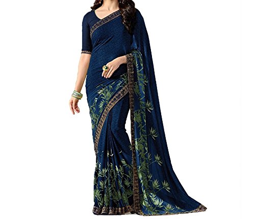 Macube Women's Georgette Blue color Printed Saree With Blouse Piece Price in India
