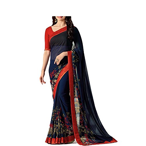 Krishna Emporia Women's Party wear Georgette Printed Red Saree With Blouse Piece Price in India