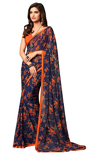 Roop Kashish Blue Georgette Floral Printed Saree with Border and Blouse_RKRU2504A Price in India