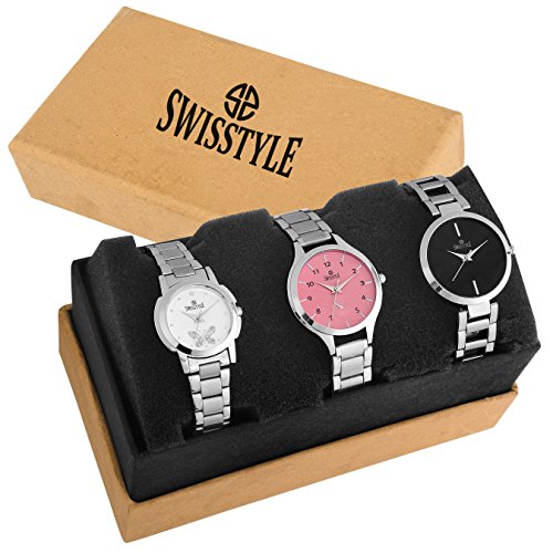 Swisstyle Analogue White Black Pink Dial Women's Combo Of 3 Watch - Ss-3Cmb-01 Price in India