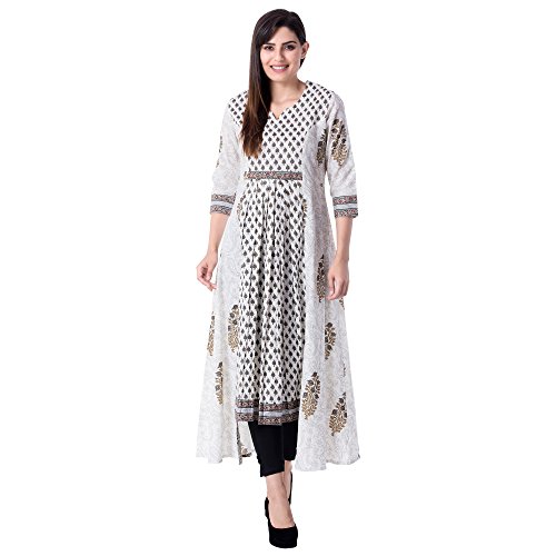 Khushal K Women's Cotton Printed Flayred White Kurta Price in India