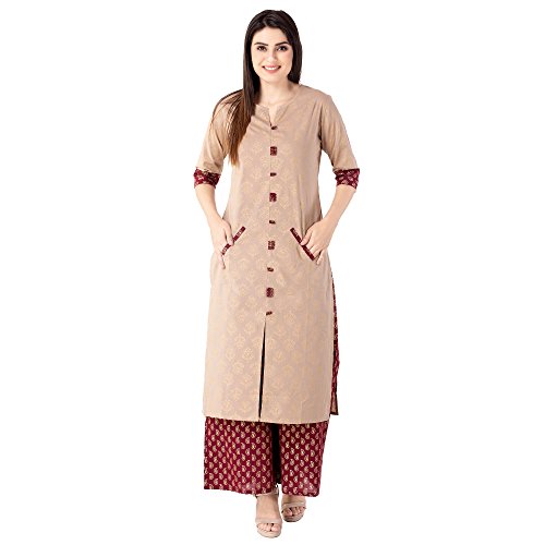 Khushal K Women's Cotton Gold Printed Kurta With Palazzo Set Price in India