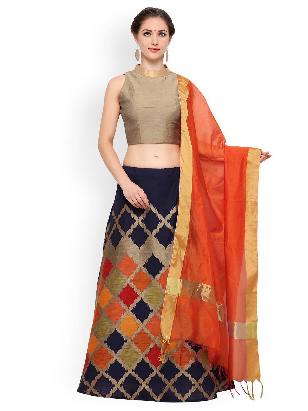 Inddus Blue & Beige Printed Banarasi Cotton Lehenga Choli with Dupatta Price in India