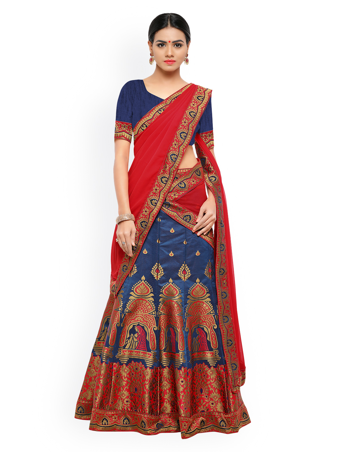 Styles Closet Blue & Red Solid Semi-Stitched Lehenga & Unstitched Blouse with Dupatta Price in India