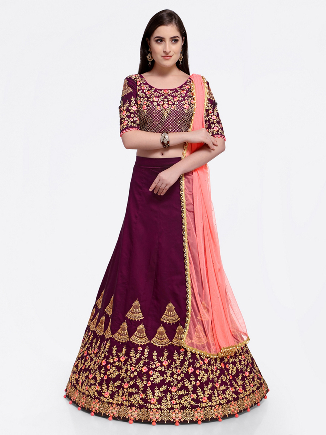 RIYA Burgundy & Pink Embroidered Semi-Stitched Lehenga & Unstitched Blouse with Dupatta Price in India