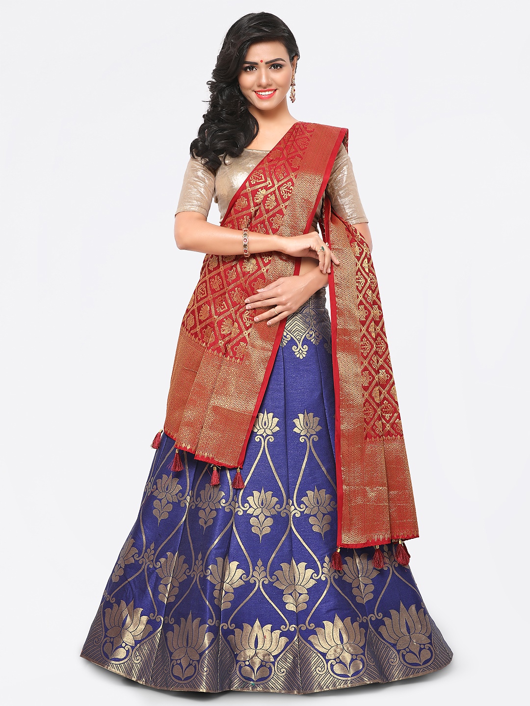 Aradhya Blue & Red Woven Design Unstitched Lehenga & Blouse with Dupatta Price in India