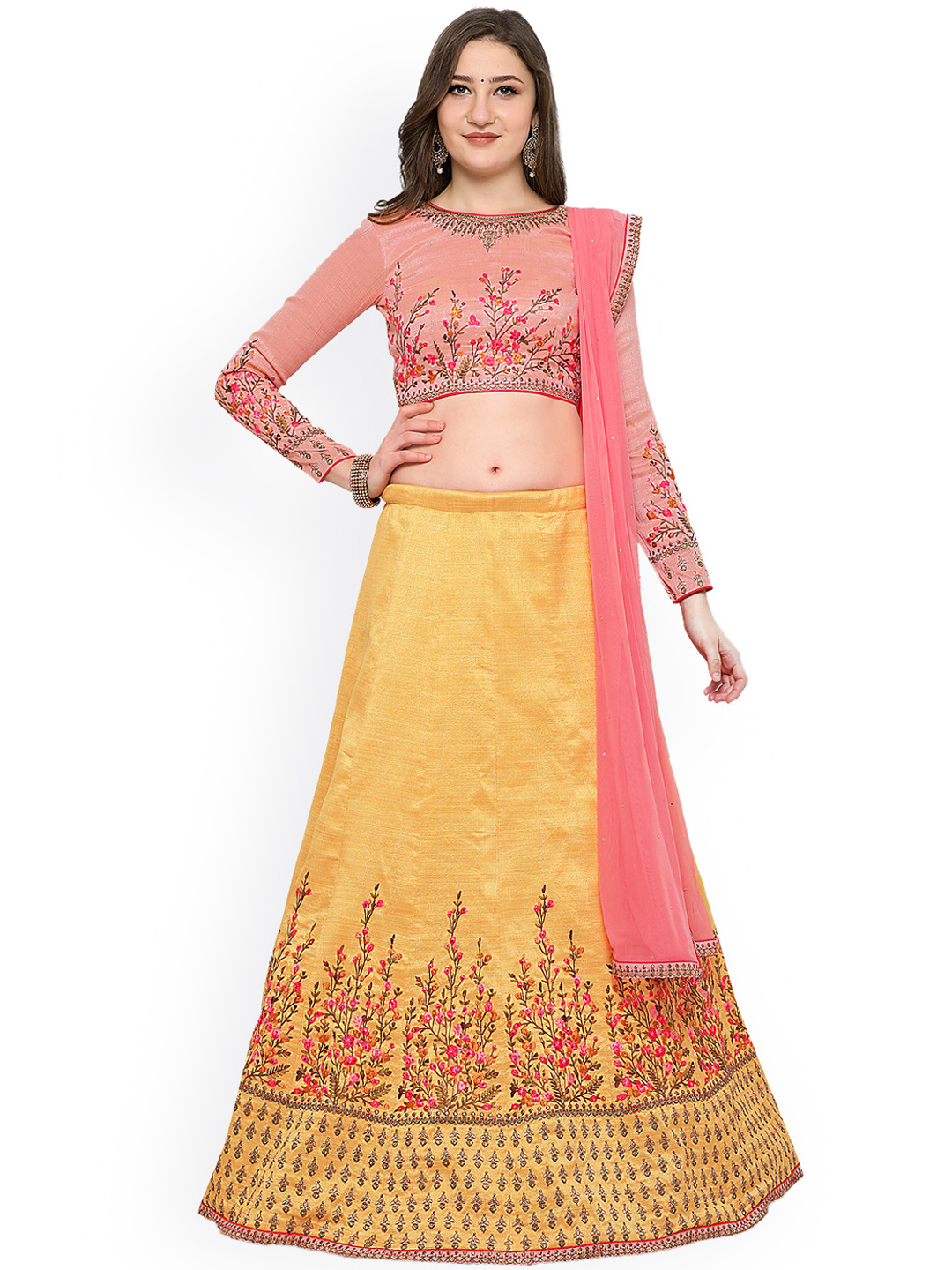 RIYA Gold-Toned & Pink Embroidered Semi-Stitched Lehenga & Unstitched Blouse with Dupatta Price in India
