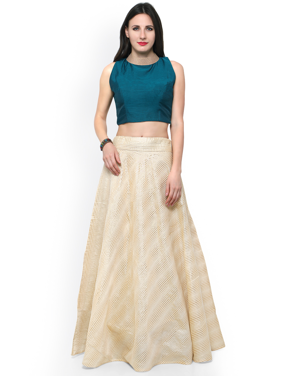 Inddus Cream-Coloured & Teal Blue Chanderi Cotton Semi-Stitched Lehenga Choli Price in India