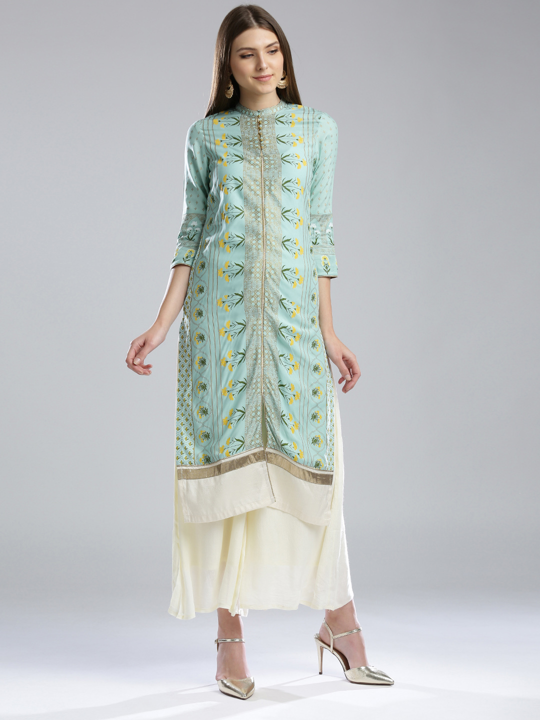 W Women Blue Printed Straight Kurta Price in India