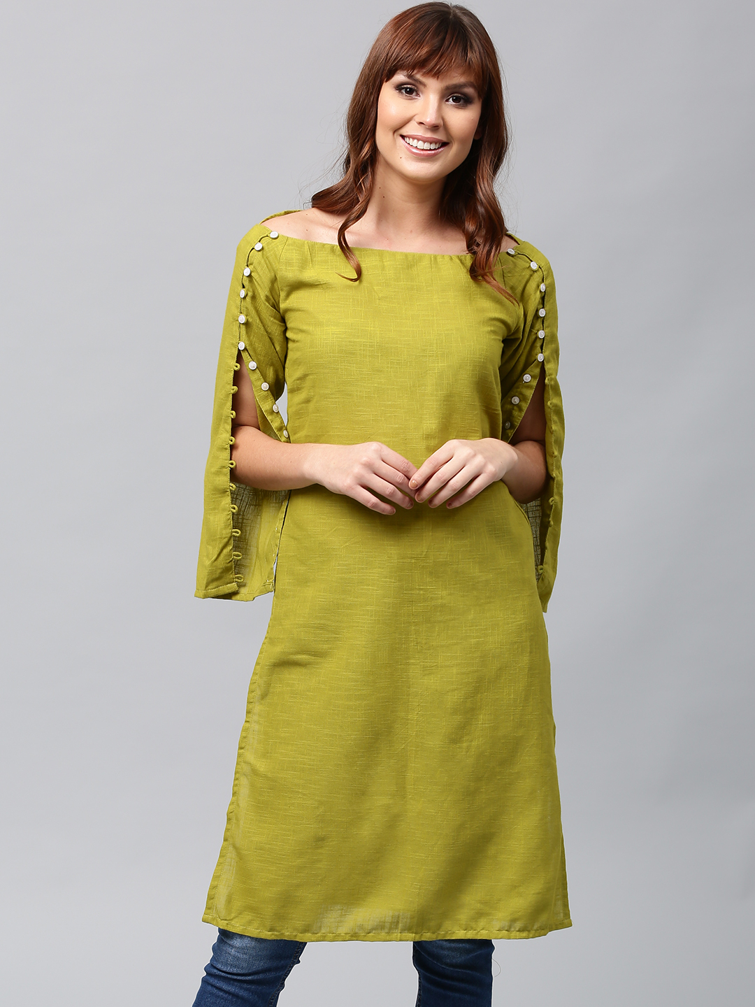 AKS Women Lime Green Solid Straight Kurta Price in India