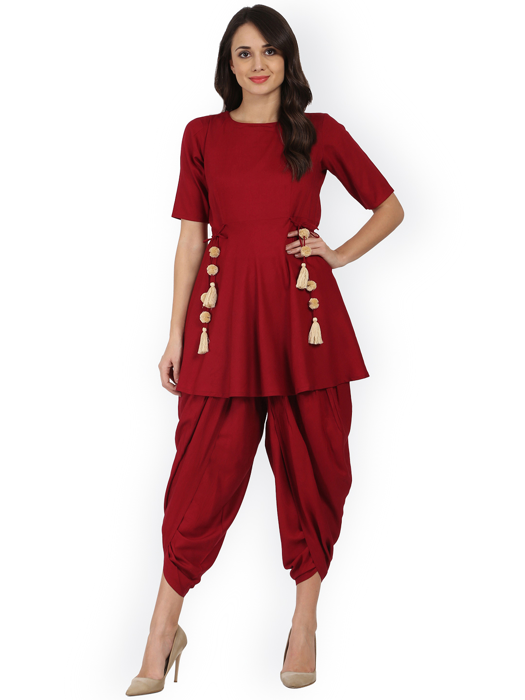 Nayo Women Maroon Solid Kurta with Dhoti Pants Price in India