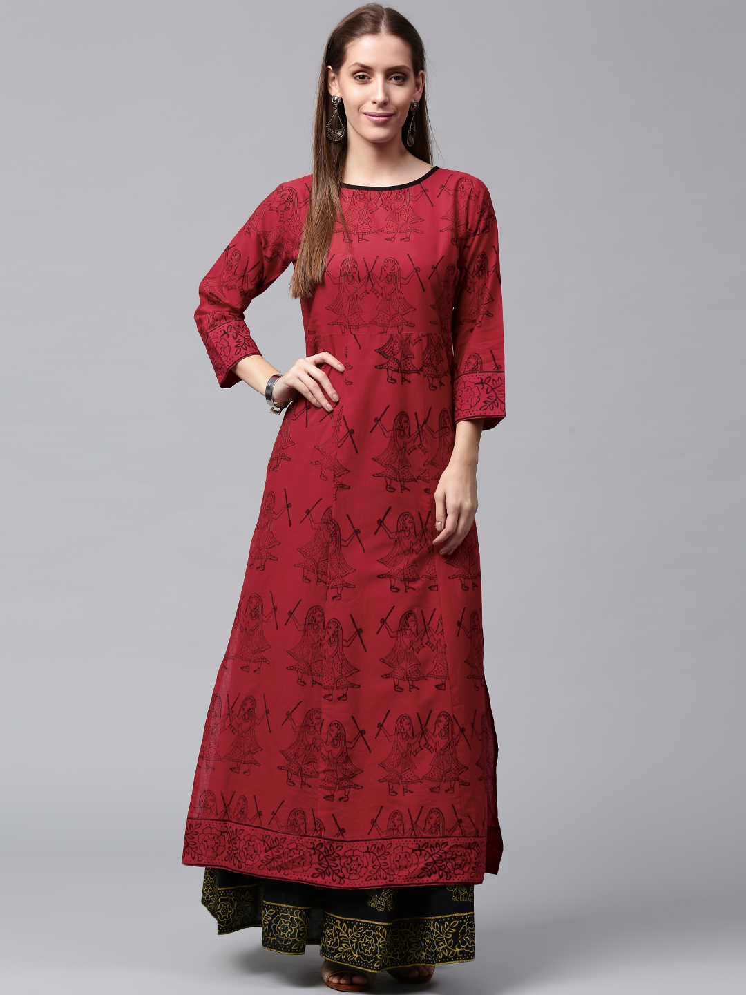 Nayo Women Red & Black Printed Kurta with Skirt Price in India