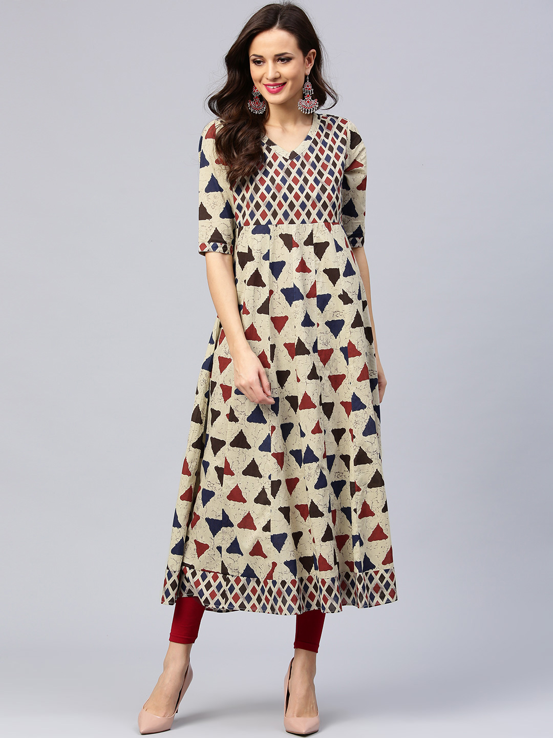 AKS Women Beige & Red Printed Anarkali Kurta Price in India