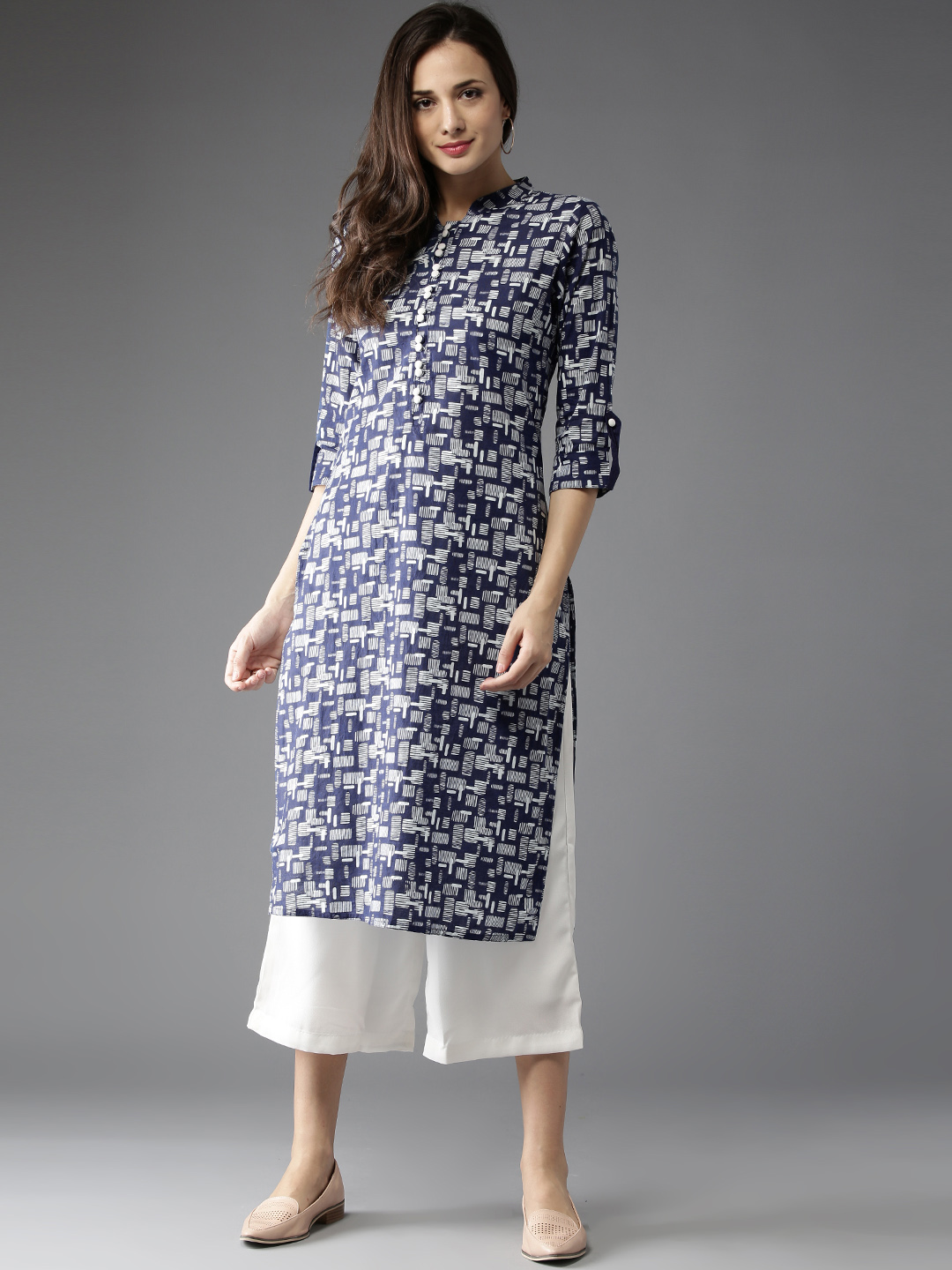 HERE&NOW Women Blue & Off-White Printed Straight Kurta Price in India