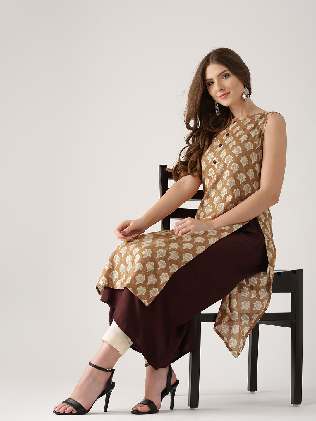 Libas Women Beige & Brown Layered Printed A-Line Kurta Price in India