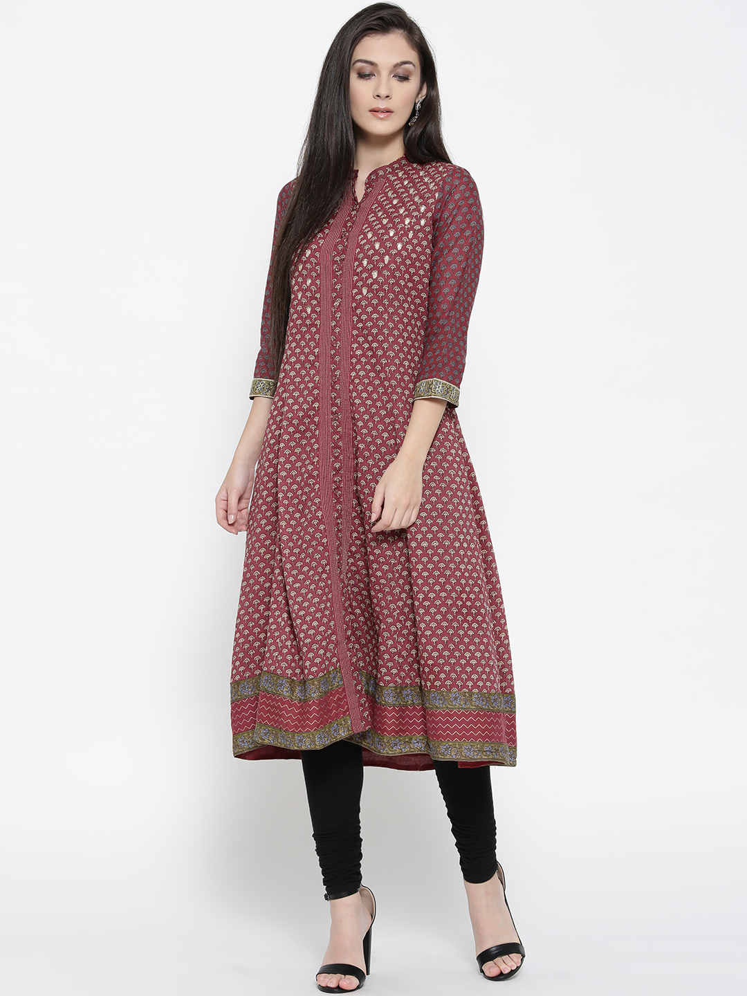 Biba Women Maroon & Beige Printed Anarkali Kurta Price in India